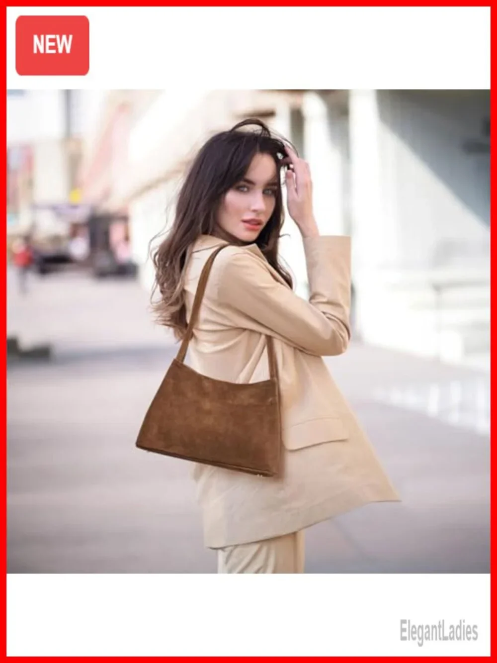 Genuine Suede Leather Hobo Shoulder Bag with Magnetic Snap Closure